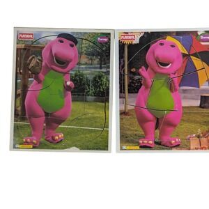 Pair of Vintage Barney Wooden Puzzle Playing Ball‎ with Umbrella